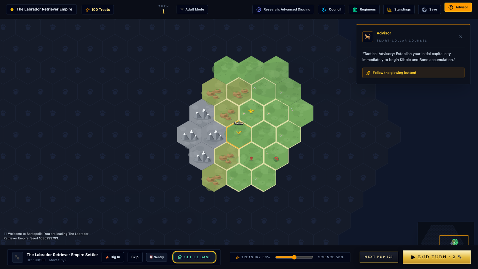 The hex map with a settler on turn one.