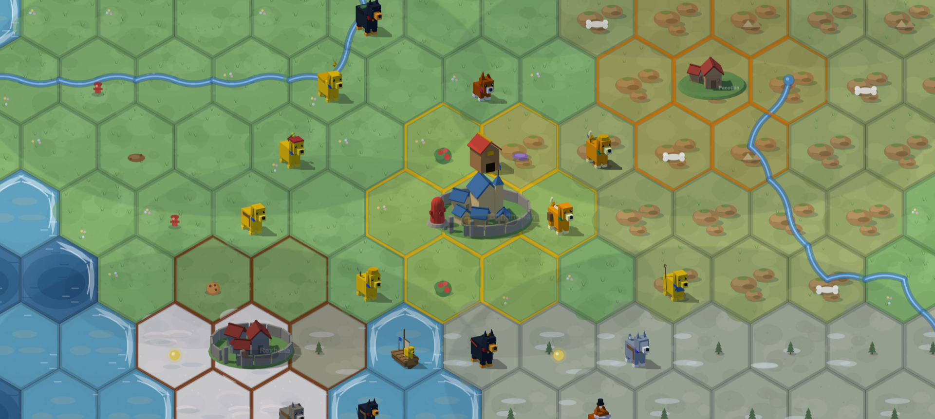 A mid-game map: three dog cities of rival packs, units of six coat colors, rivers, snow, and a raft on the water.