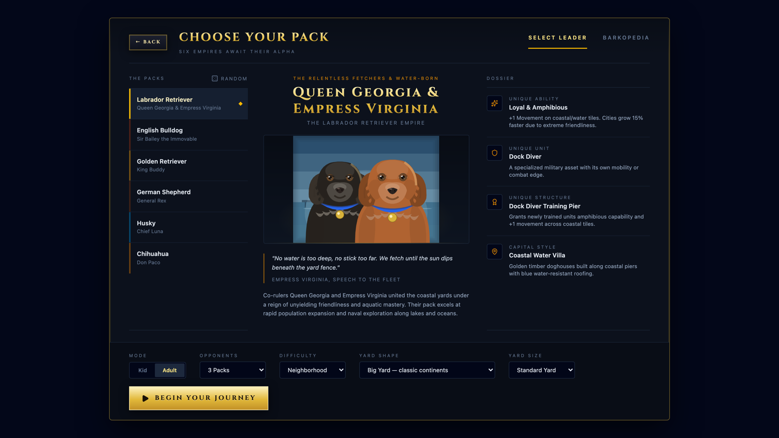 Pack selection with painted leader portraits.